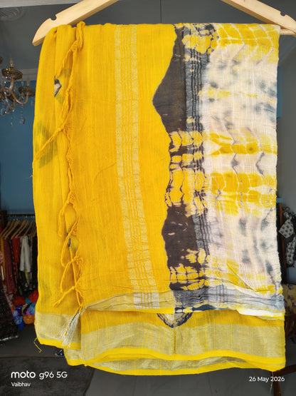 Beautiful Yellow and Black Designer Linen Cotton Saree