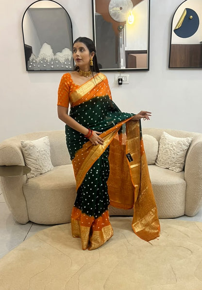 Bottle Green and Orange Soft Silk Banarasi Saree with Running Blouse