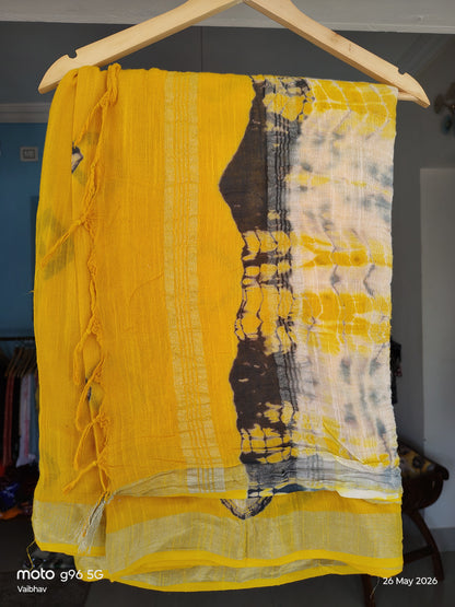 Beautiful Yellow and Black Designer Linen Cotton Saree