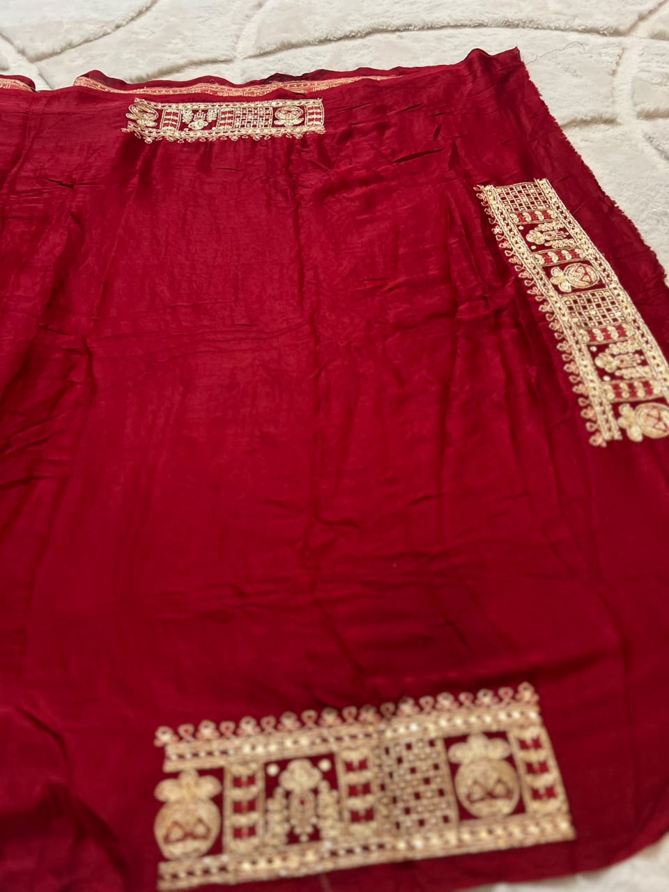 Beautiful Blood Red Modal Silk Saree with Heavy Zardozi Work and Blouse Piece. (Karwa Chauth Special)