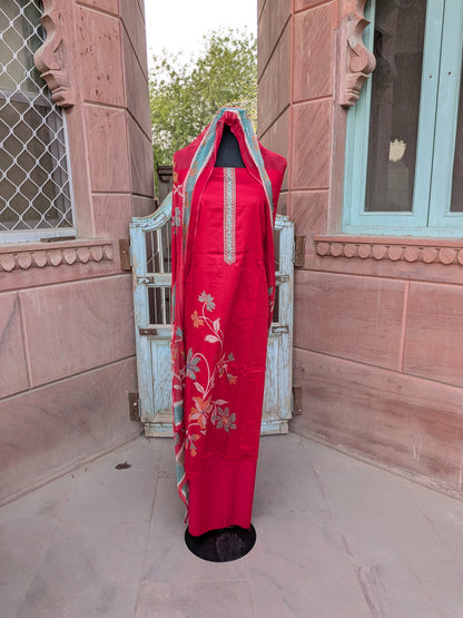 Red Lace Cotton Flower Print Suit with Printed Chiffon Dupatta (Unstitched)