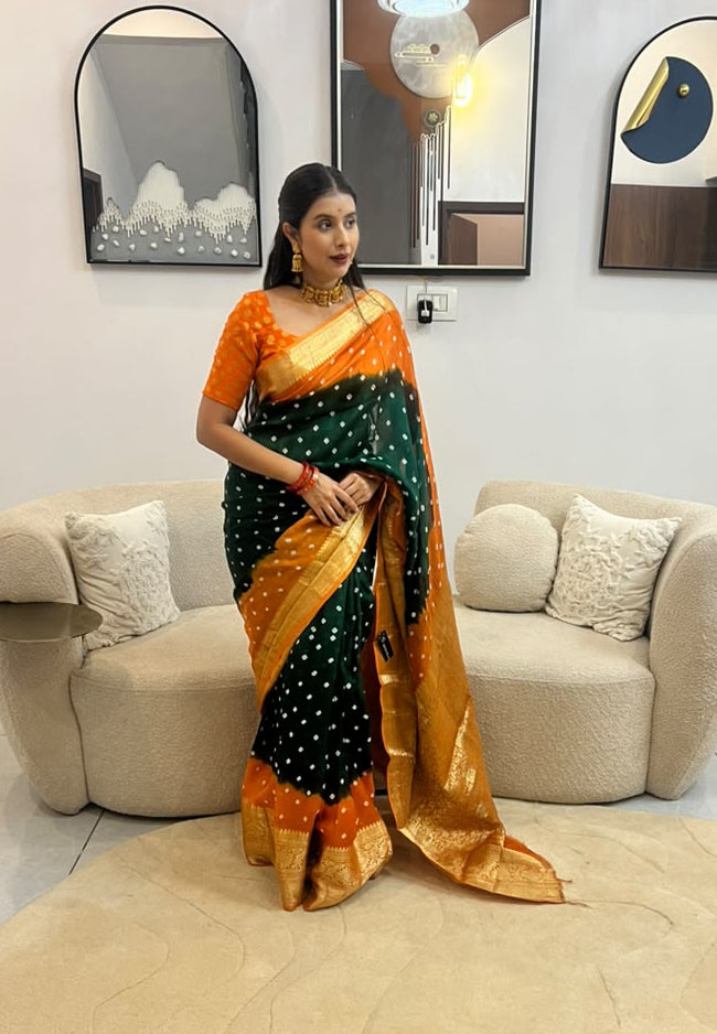Bottle Green and Orange Soft Silk Banarasi Saree with Running Blouse