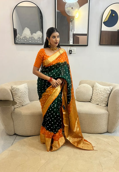 Bottle Green and Orange Soft Silk Banarasi Saree with Running Blouse