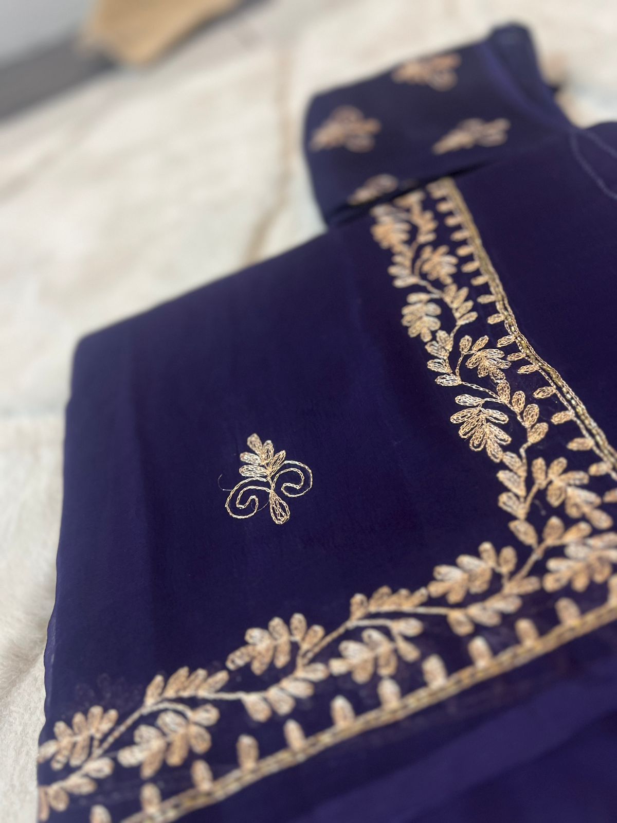 Pure Chiffon Peta Work Royal Blue Saree with Pure Crepe Peta Work Blouse Piece