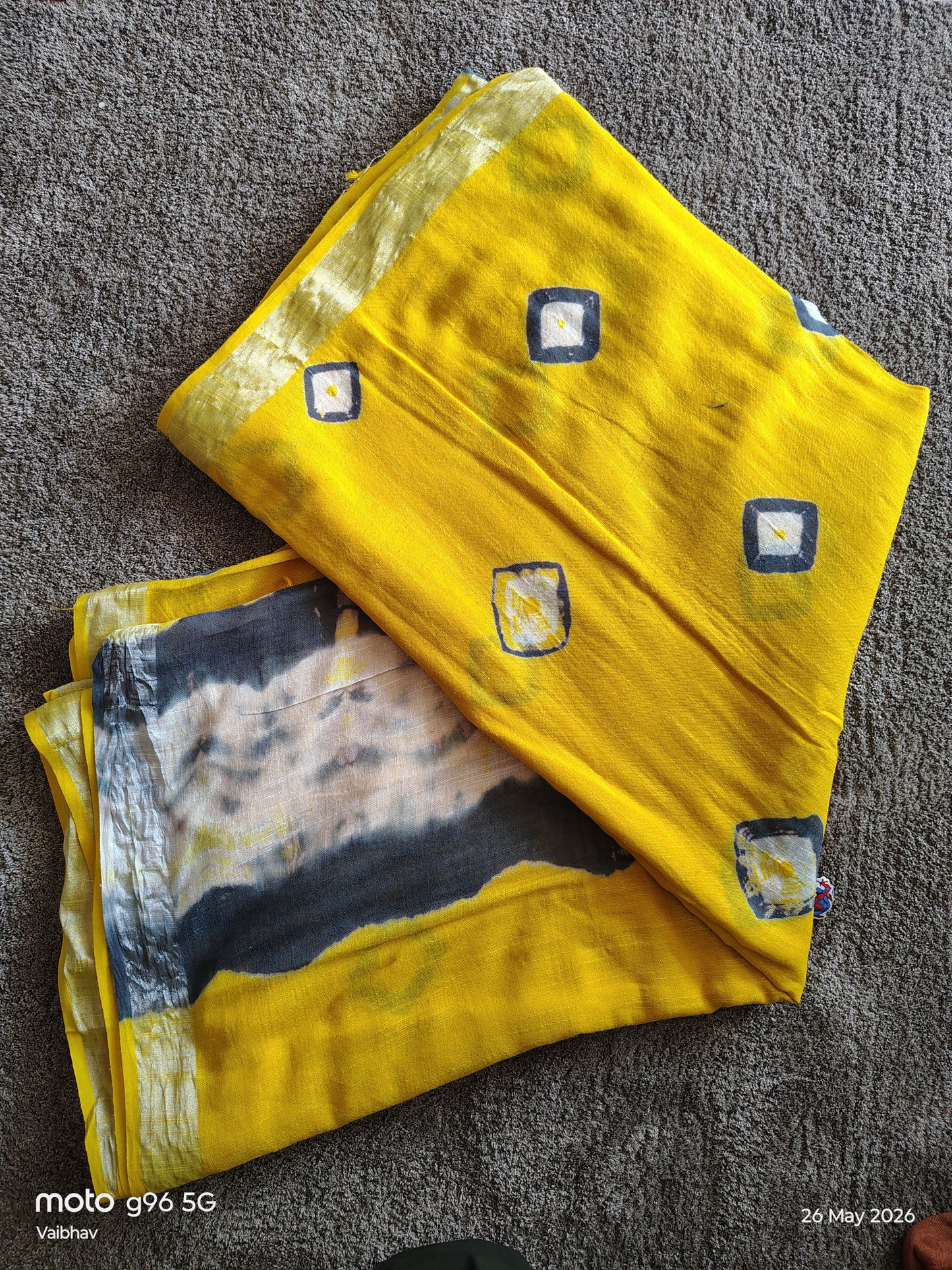Beautiful Yellow and Black Designer Linen Cotton Saree