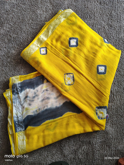 Beautiful Yellow and Black Designer Linen Cotton Saree