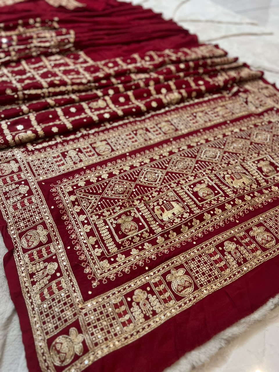 Beautiful Blood Red Modal Silk Saree with Heavy Zardozi Work and Blouse Piece. (Karwa Chauth Special)