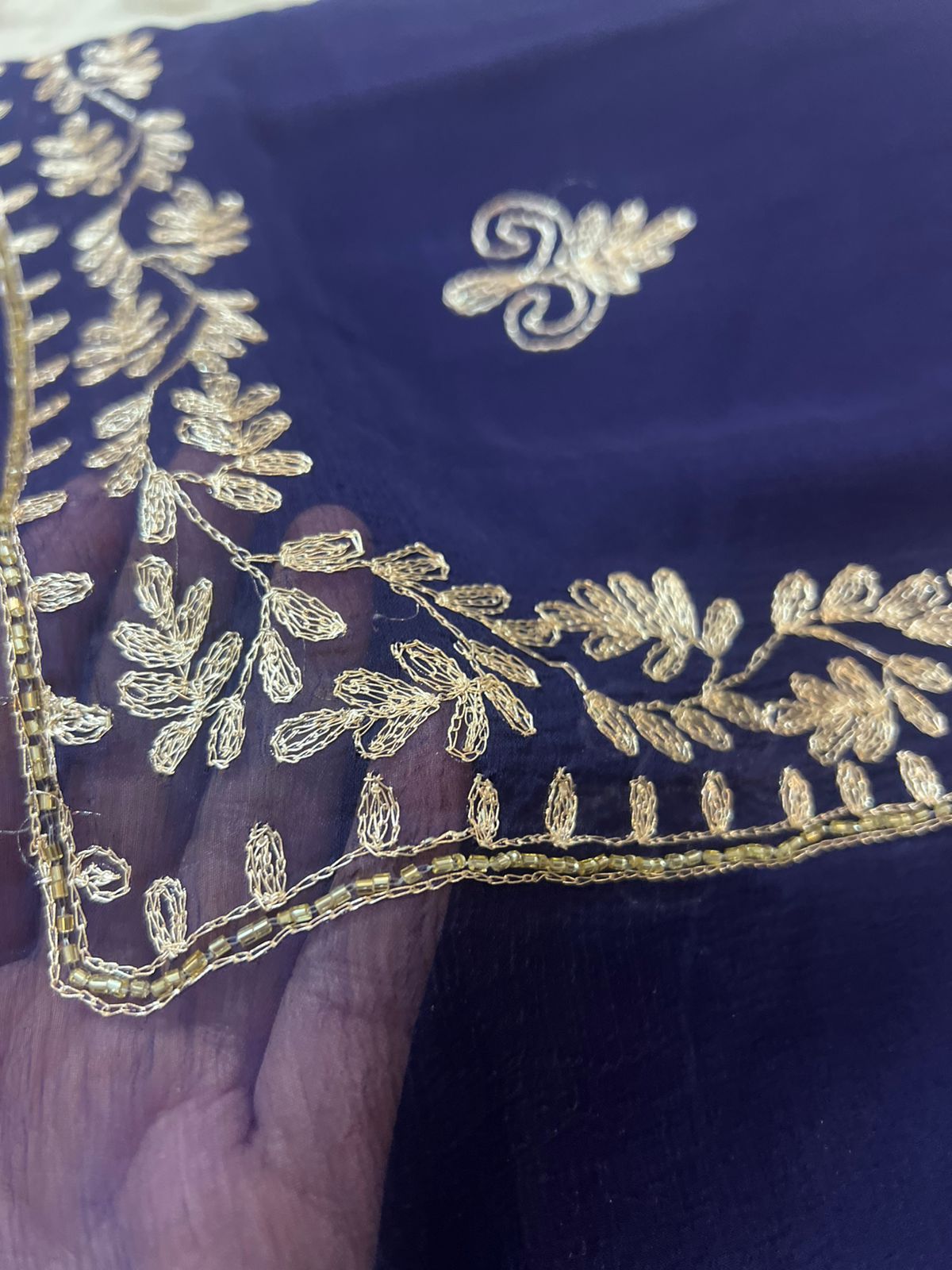 Pure Chiffon Peta Work Royal Blue Saree with Pure Crepe Peta Work Blouse Piece