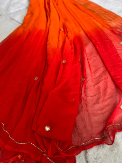 Red-Orange Shaded Mirror Boota Work Saree