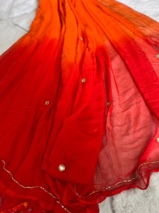 Red-Orange Shaded Mirror Boota Work Saree