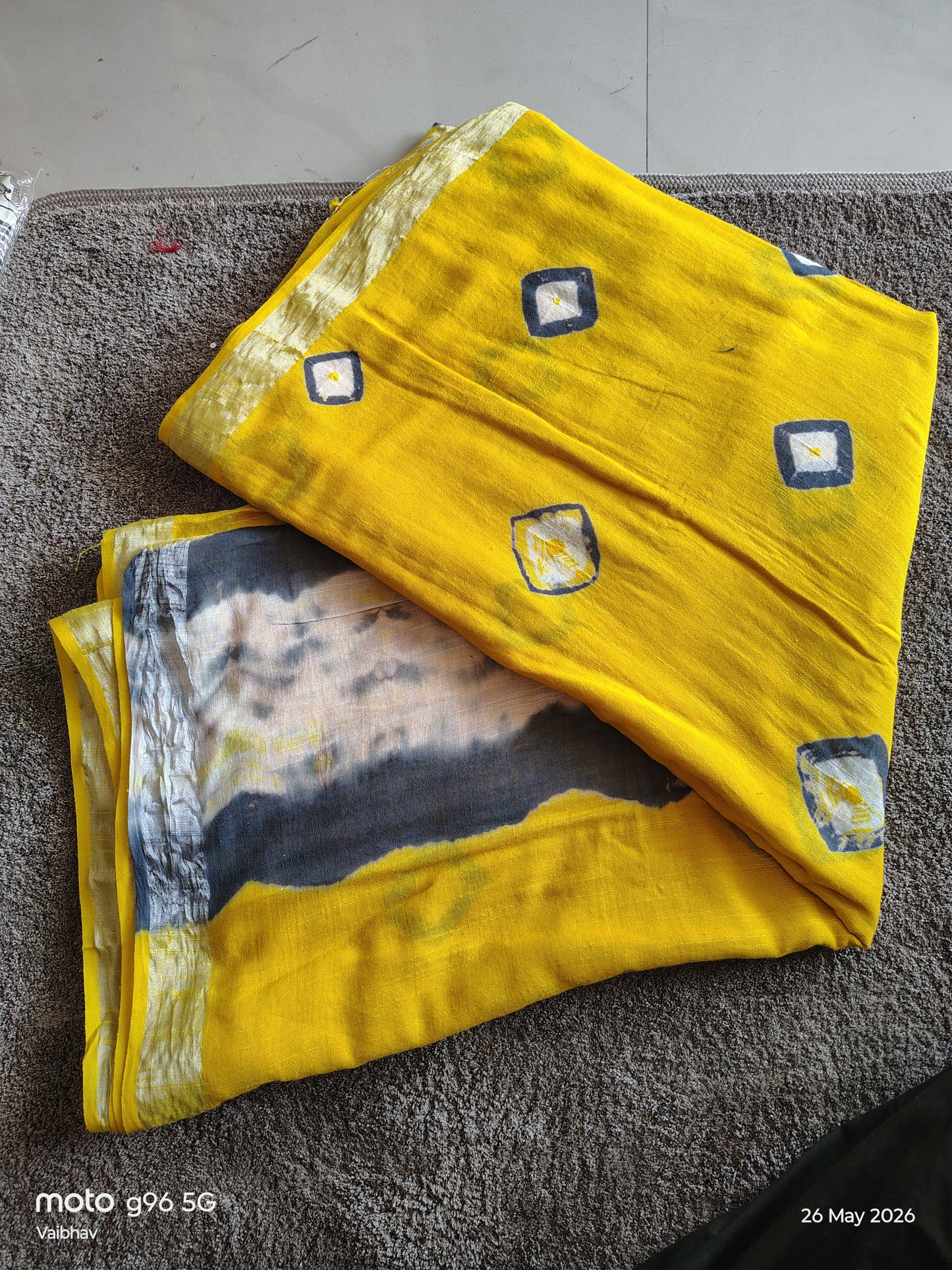 Beautiful Yellow and Black Designer Linen Cotton Saree
