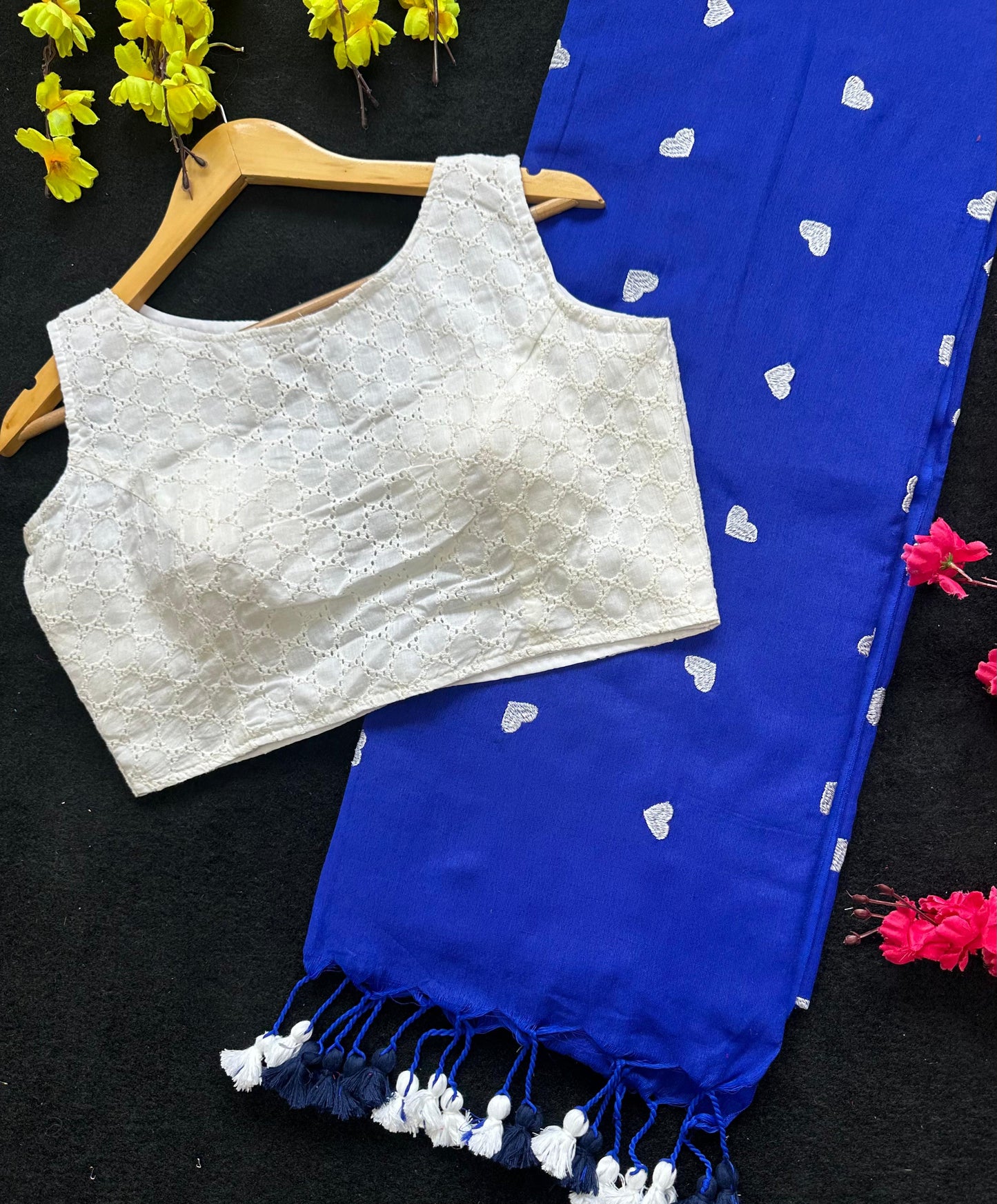 Khadi cotton Blue Saree With Heart Emboridary And Beautiful Havy Hakoba Cotton Blouse*💝