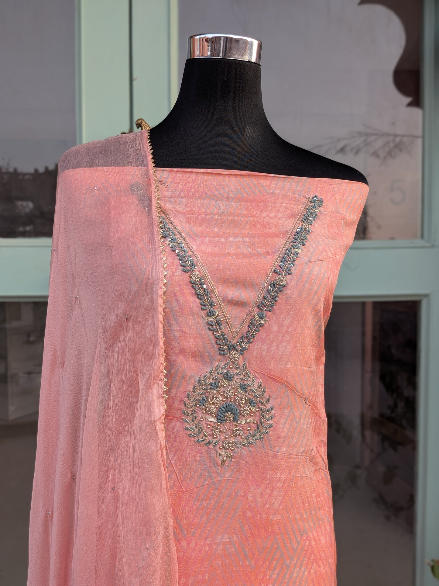 Tissue Thread Worked Neckline Suit with Chiffon Mukesh Dupatta (Unstitched)