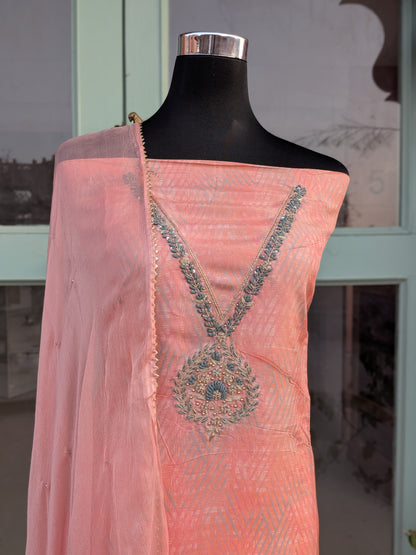 Tissue Thread Worked Neckline Suit with Chiffon Mukesh Dupatta (Unstitched)
