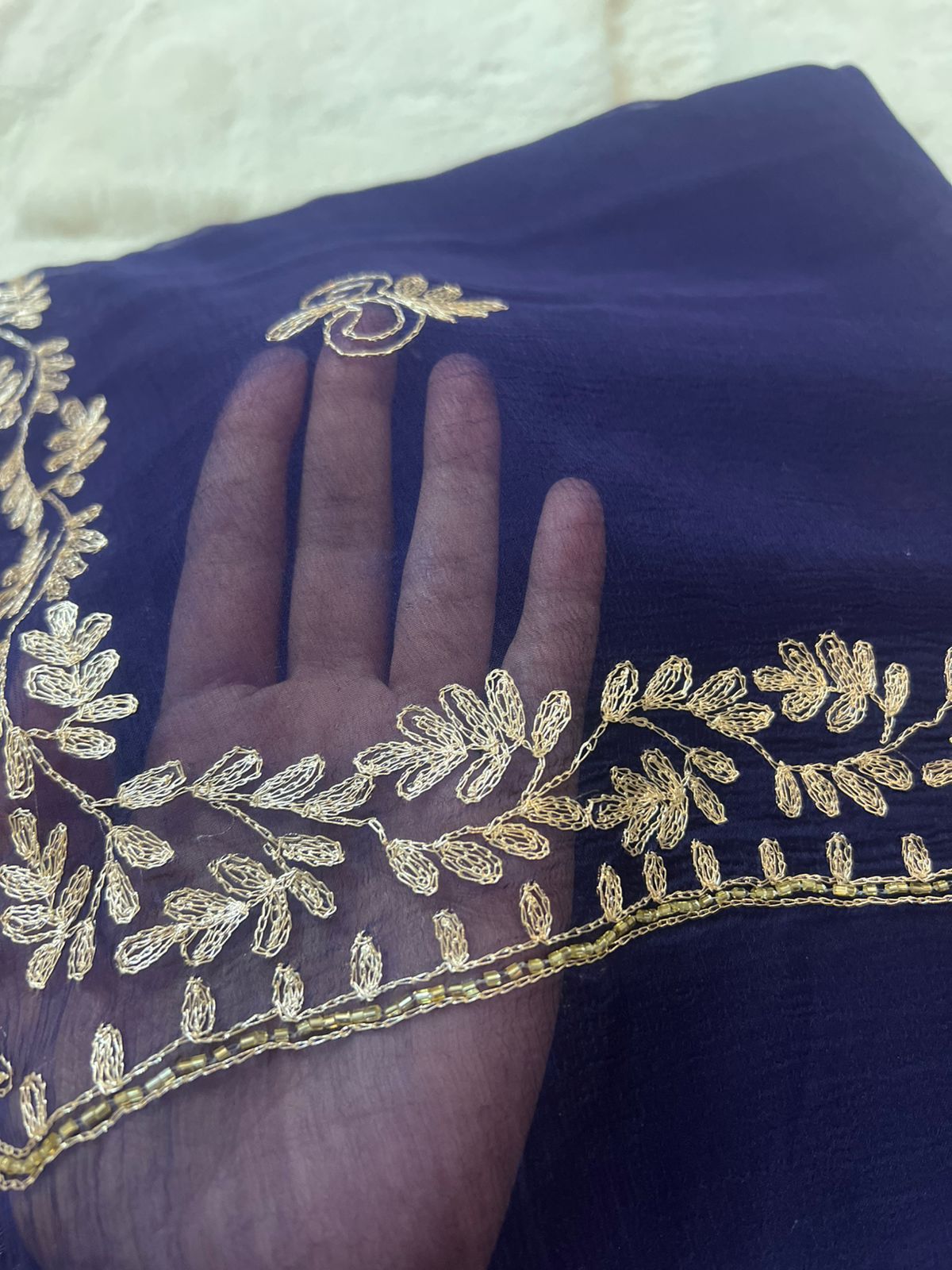 Pure Chiffon Peta Work Royal Blue Saree with Pure Crepe Peta Work Blouse Piece