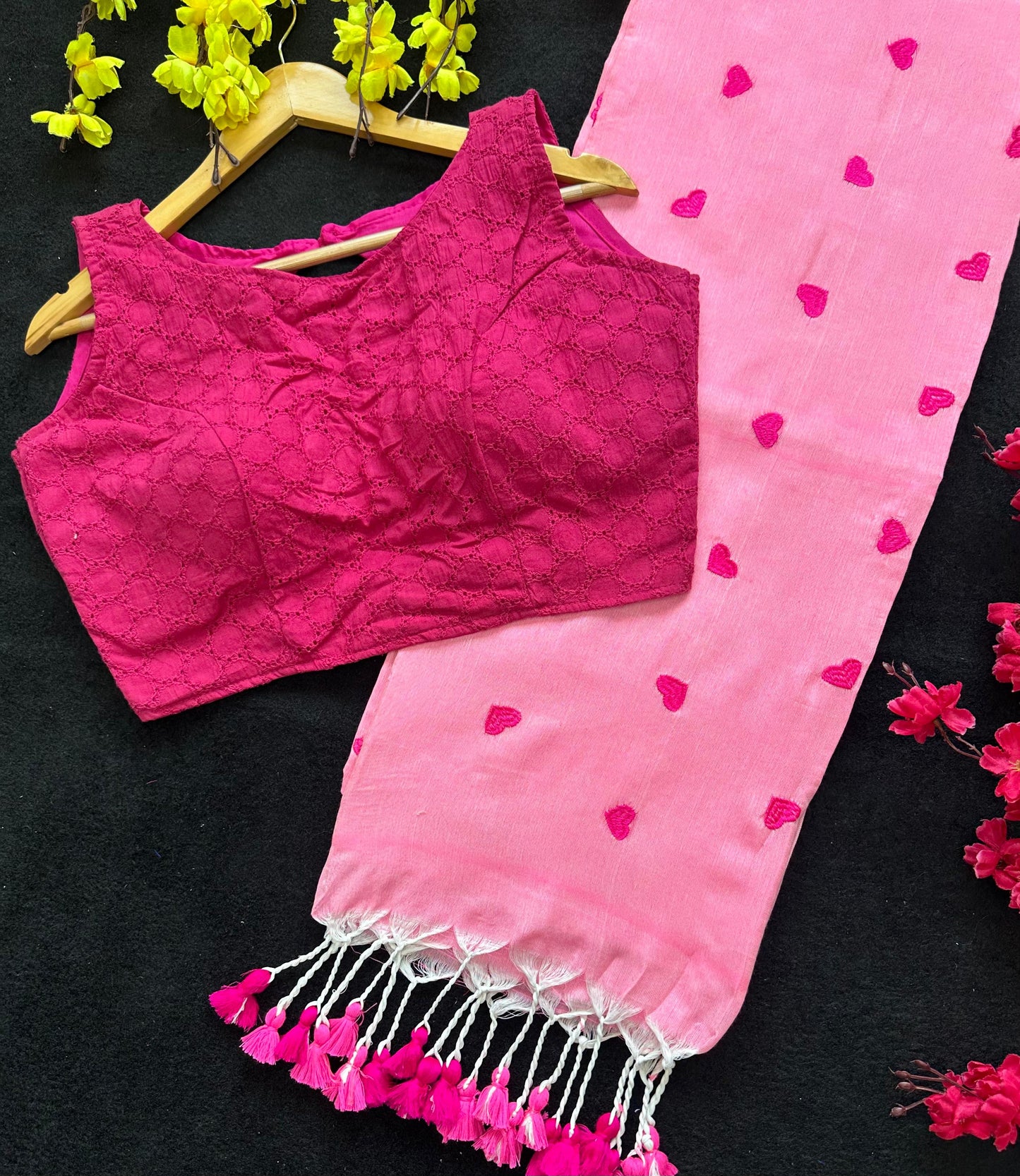 Khadi cotton Pink saree With Heart Emboridary And Beautiful Havy Hakoba Cotton  Blouse*💝