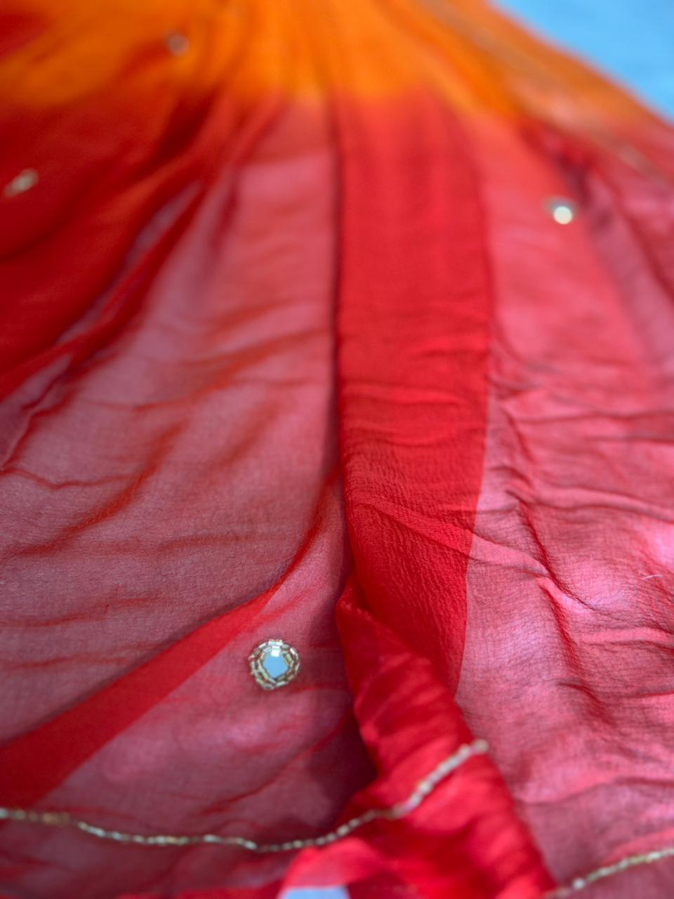Red-Orange Shaded Mirror Boota Work Saree