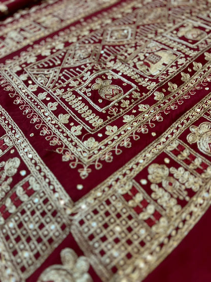 Beautiful Blood Red Modal Silk Saree with Heavy Zardozi Work and Blouse Piece. (Karwa Chauth Special)