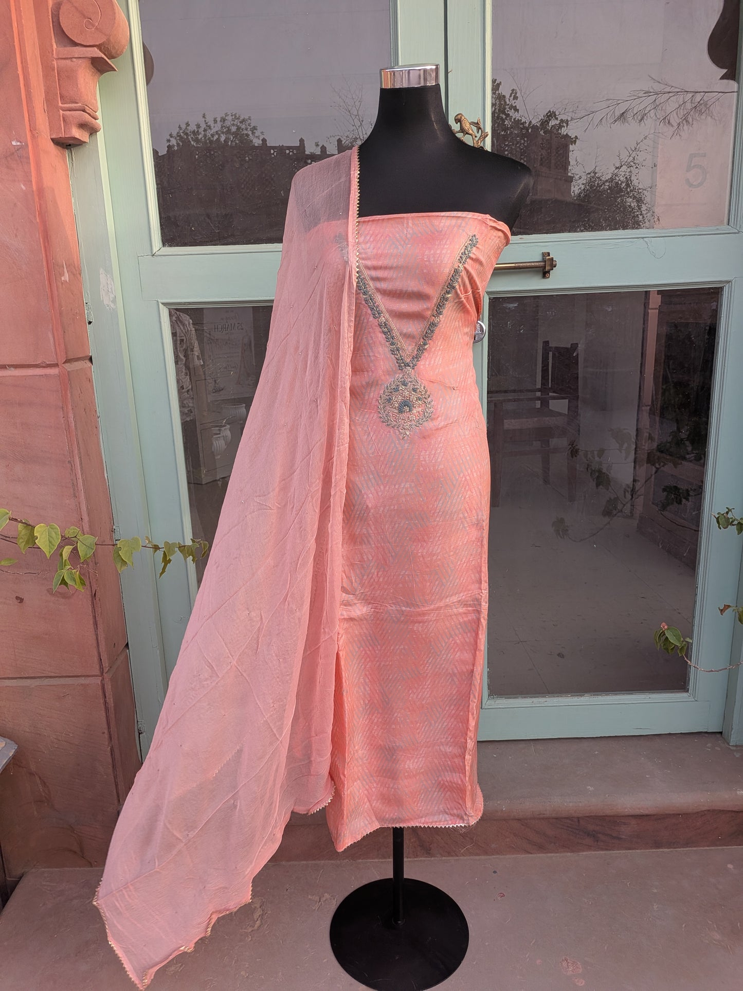 Tissue Thread Worked Neckline Suit with Chiffon Mukesh Dupatta (Unstitched)