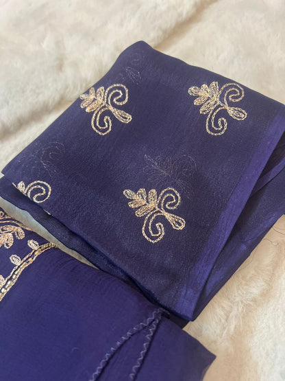 Pure Chiffon Peta Work Royal Blue Saree with Pure Crepe Peta Work Blouse Piece