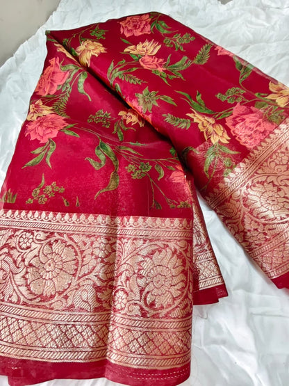 Beautiful Flower Design Heavy Border Saree with Blouse Piece