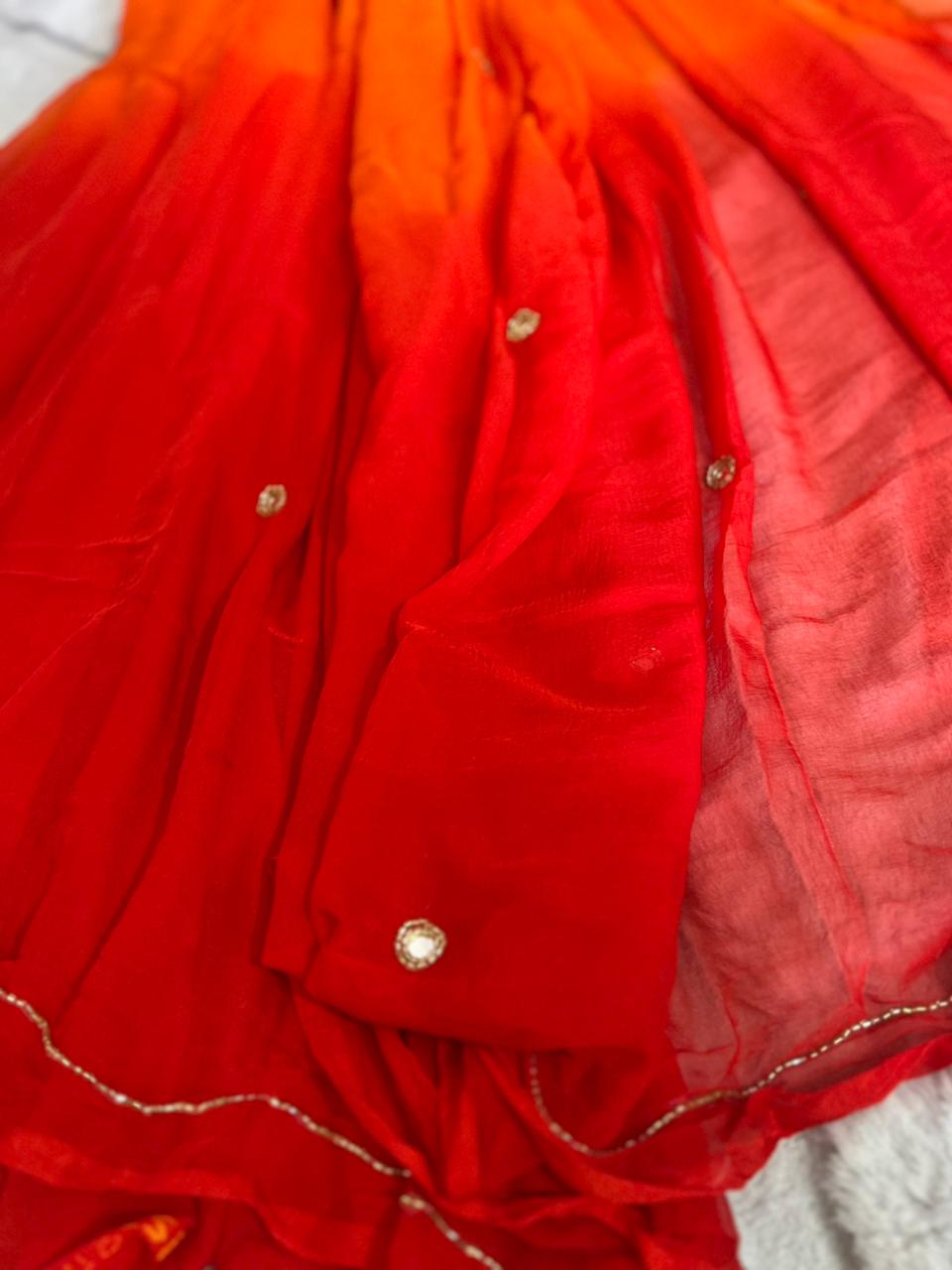 Red-Orange Shaded Mirror Boota Work Saree