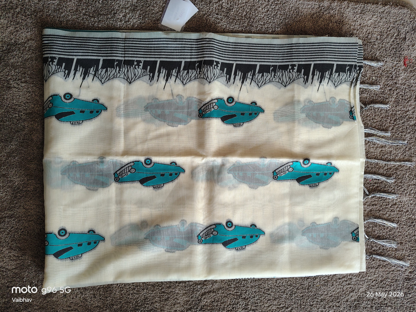 Soft Cotton Bengal Handloom Saree with Blue Taxi Print