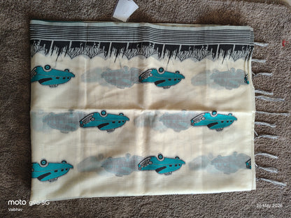 Soft Cotton Bengal Handloom Saree with Blue Taxi Print