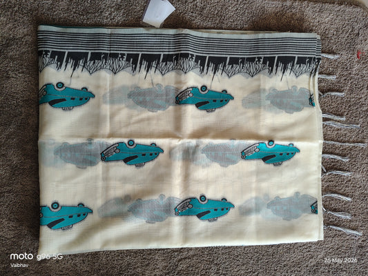 Soft Cotton Bengal Handloom Saree with Blue Taxi Print