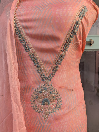 Tissue Thread Worked Neckline Suit with Chiffon Mukesh Dupatta (Unstitched)