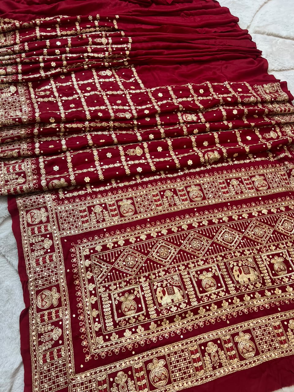 Beautiful Blood Red Modal Silk Saree with Heavy Zardozi Work and Blouse Piece. (Karwa Chauth Special)