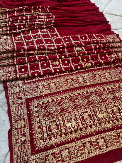 Beautiful Blood Red Modal Silk Saree with Heavy Zardozi Work and Blouse Piece. (Karwa Chauth Special)
