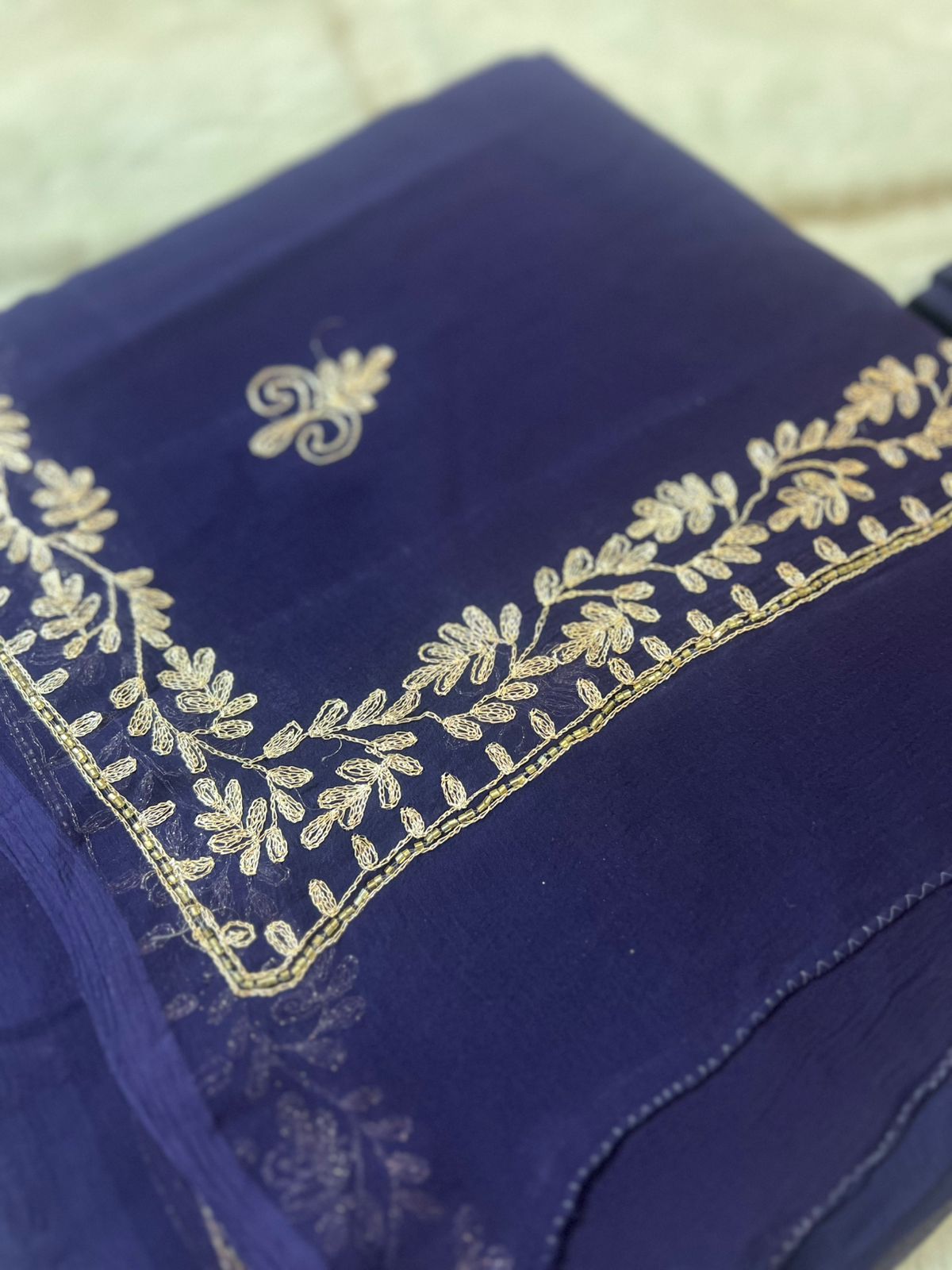 Pure Chiffon Peta Work Royal Blue Saree with Pure Crepe Peta Work Blouse Piece