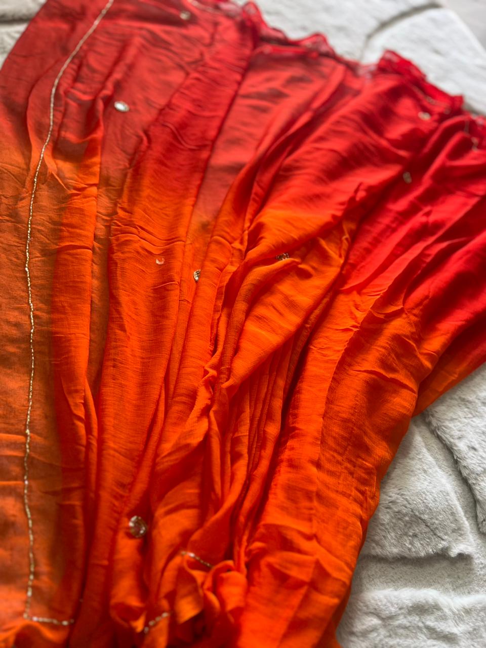 Red-Orange Shaded Mirror Boota Work Saree