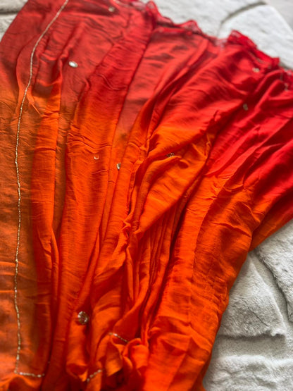 Red-Orange Shaded Mirror Boota Work Saree