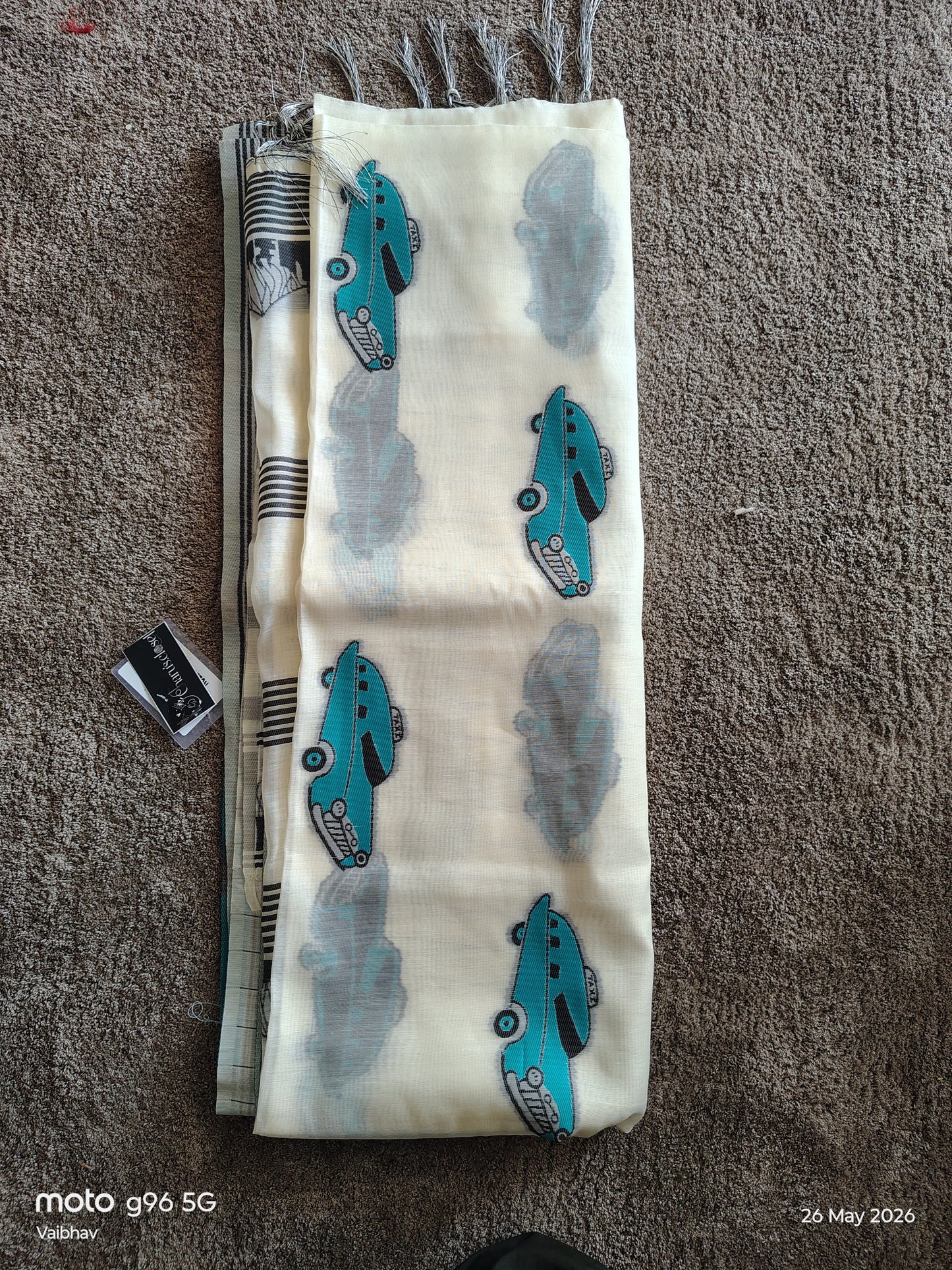 Soft Cotton Bengal Handloom Saree with Blue Taxi Print