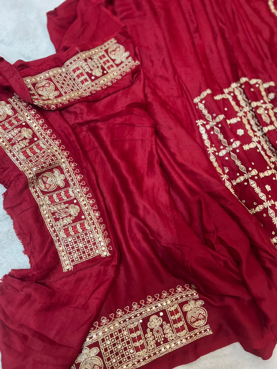 Beautiful Blood Red Modal Silk Saree with Heavy Zardozi Work and Blouse Piece. (Karwa Chauth Special)