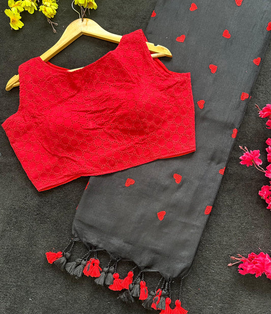 Khadi cotton Black saree With Heart Emboridary And Beautiful Havy Hakoba Cotton  Blouse*💝