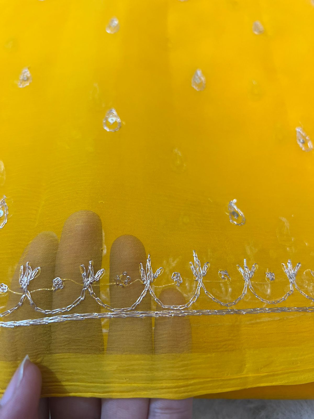 Pure Chiffon Peta Work Rajwadi Yellow Saree