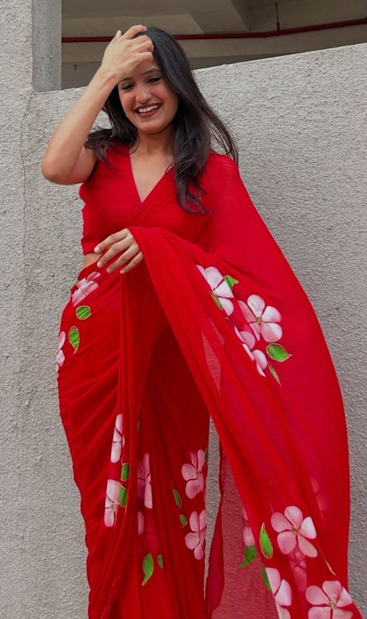 Red Flower Pearl Work Chiffon Saree with Blouse Piece