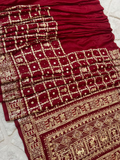 Beautiful Blood Red Modal Silk Saree with Heavy Zardozi Work and Blouse Piece. (Karwa Chauth Special)
