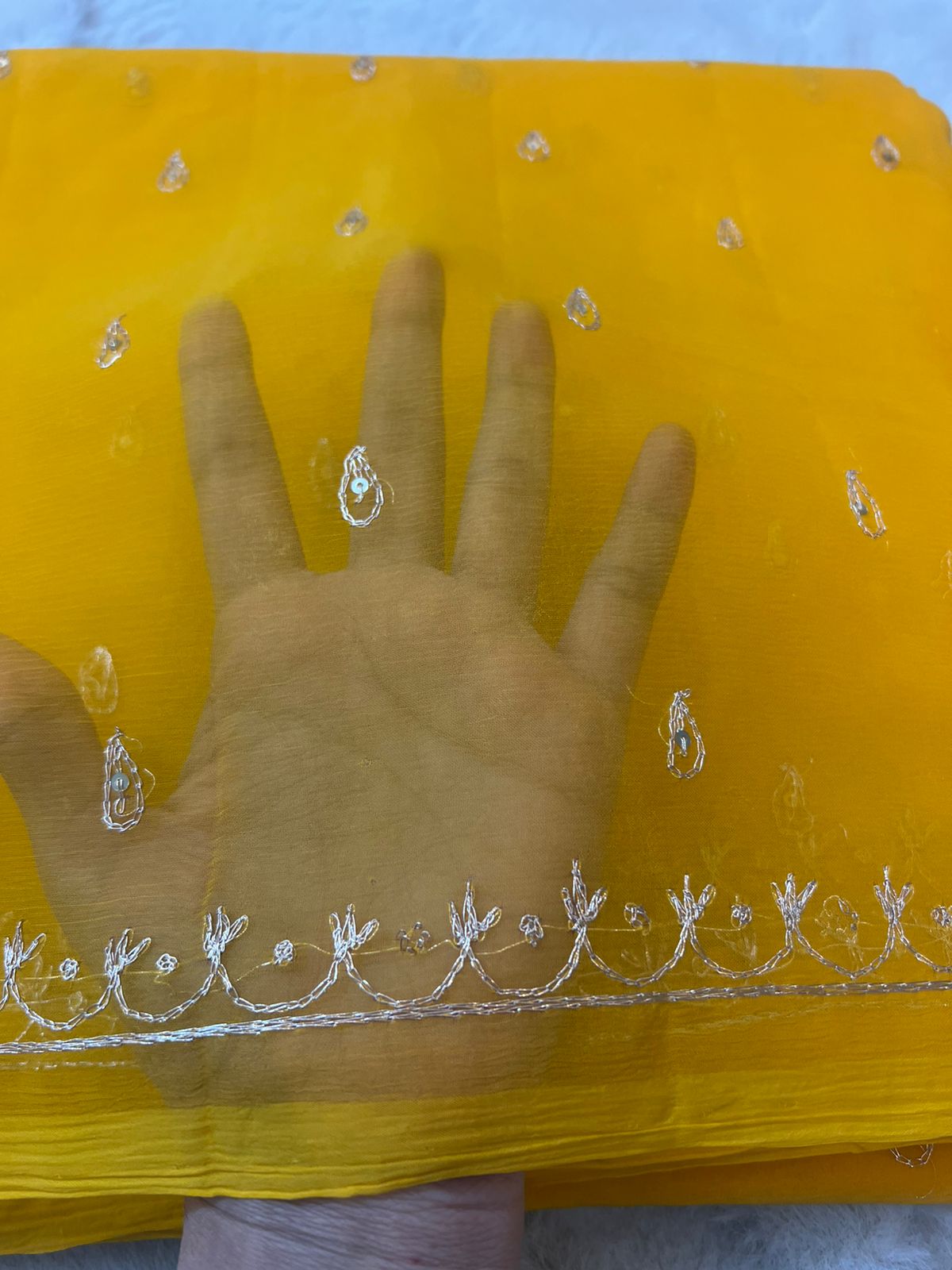 Pure Chiffon Peta Work Rajwadi Yellow Saree