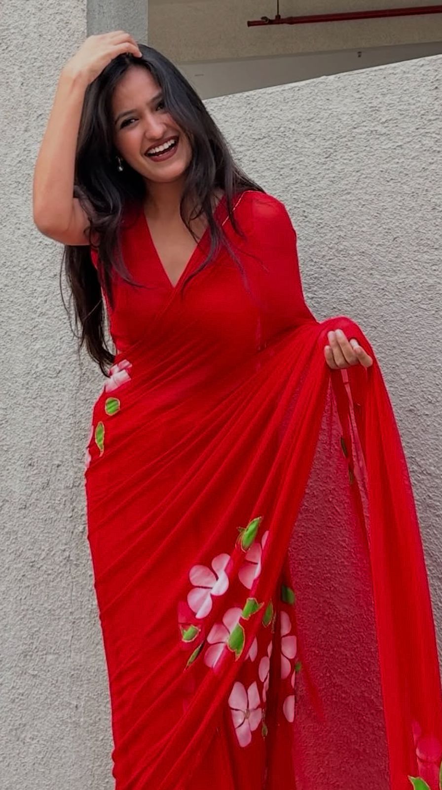 Red Flower Pearl Work Chiffon Saree with Blouse Piece