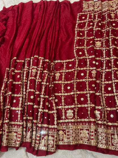 Beautiful Blood Red Modal Silk Saree with Heavy Zardozi Work and Blouse Piece. (Karwa Chauth Special)