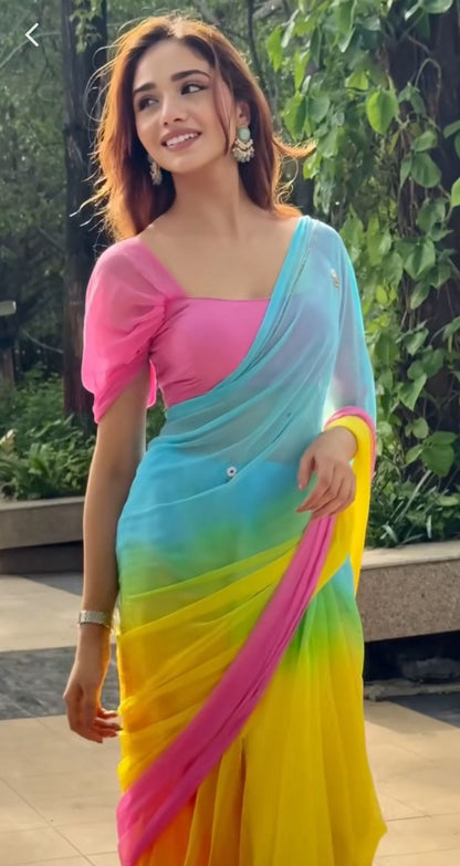 Multi-Color Shaded Flower Booti Chiffon Saree