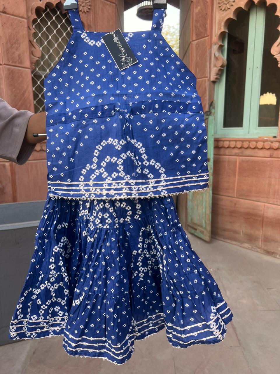 Beautiful Blue Color Cotton Bandhini Kurti and Lehnaga
