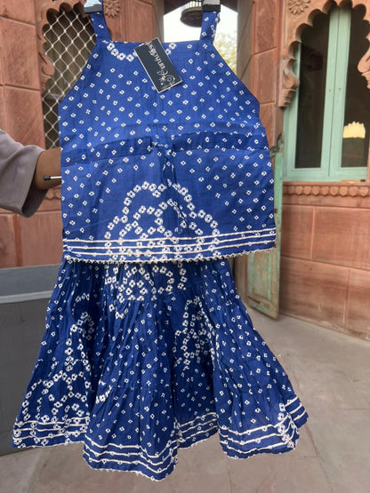 Beautiful Blue Color Cotton Bandhini Kurti and Lehnaga