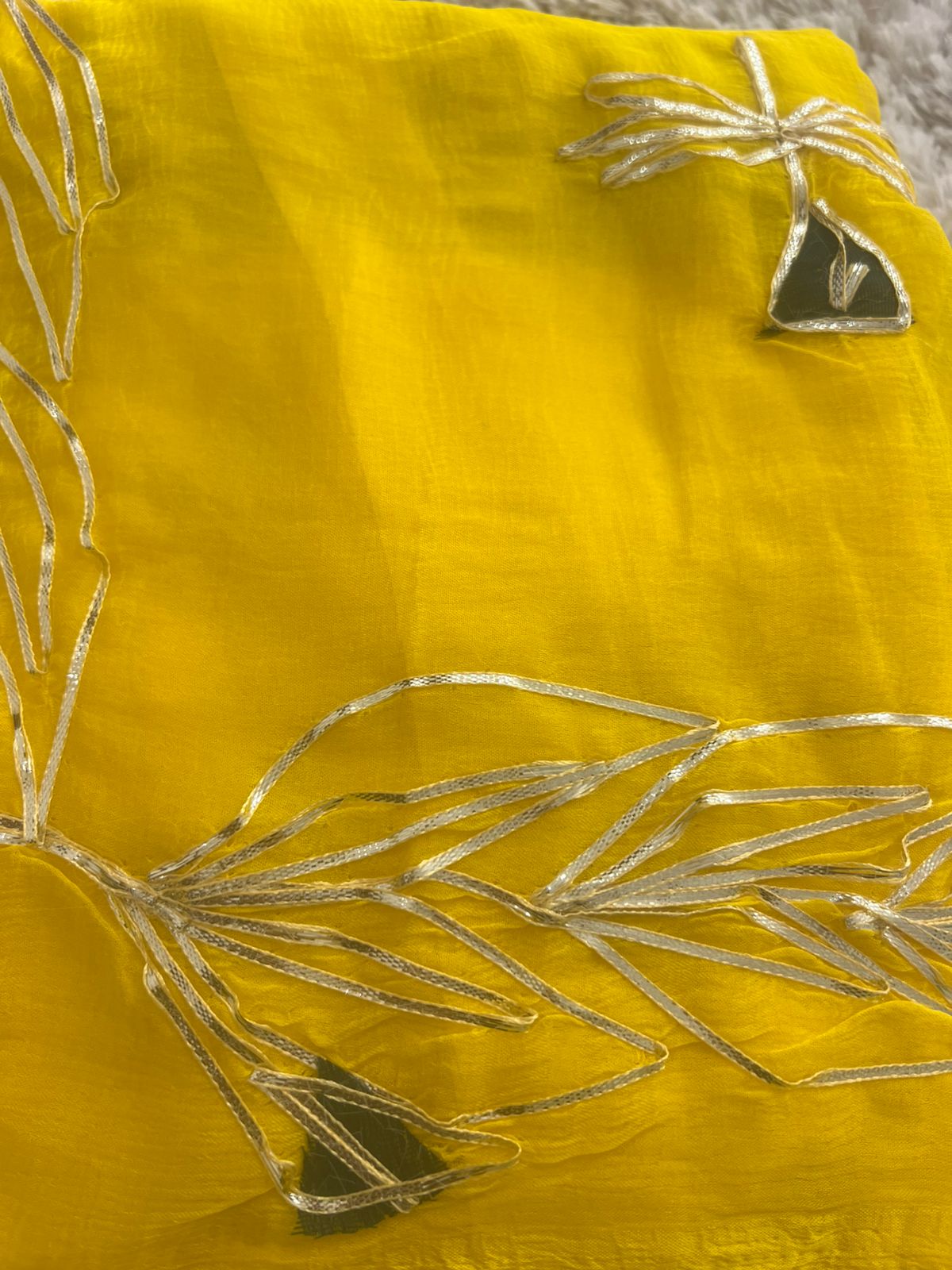 Yellow Gota Work Chiffon Saree with Bottle Green Blouse Piece