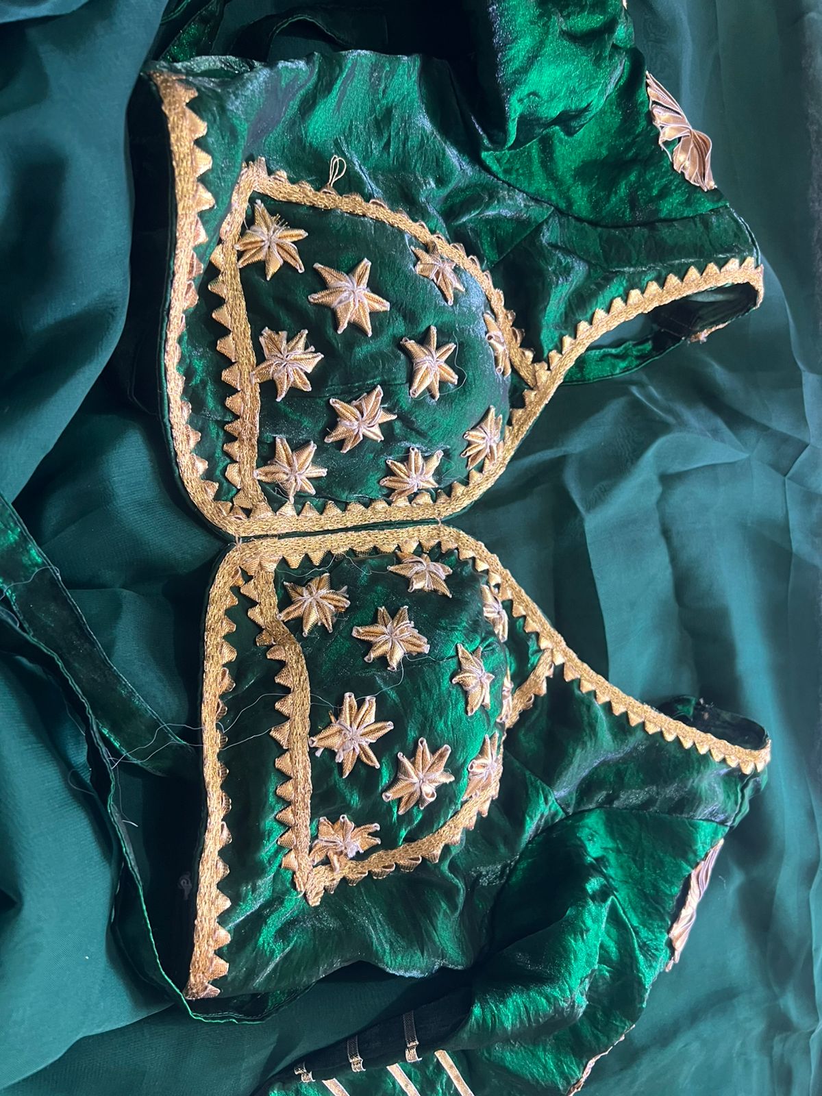 Bottle Green Pure Chiffon Saree with Lovely Border in Golden Colour and Beautiful Angi Blouse Paired with it