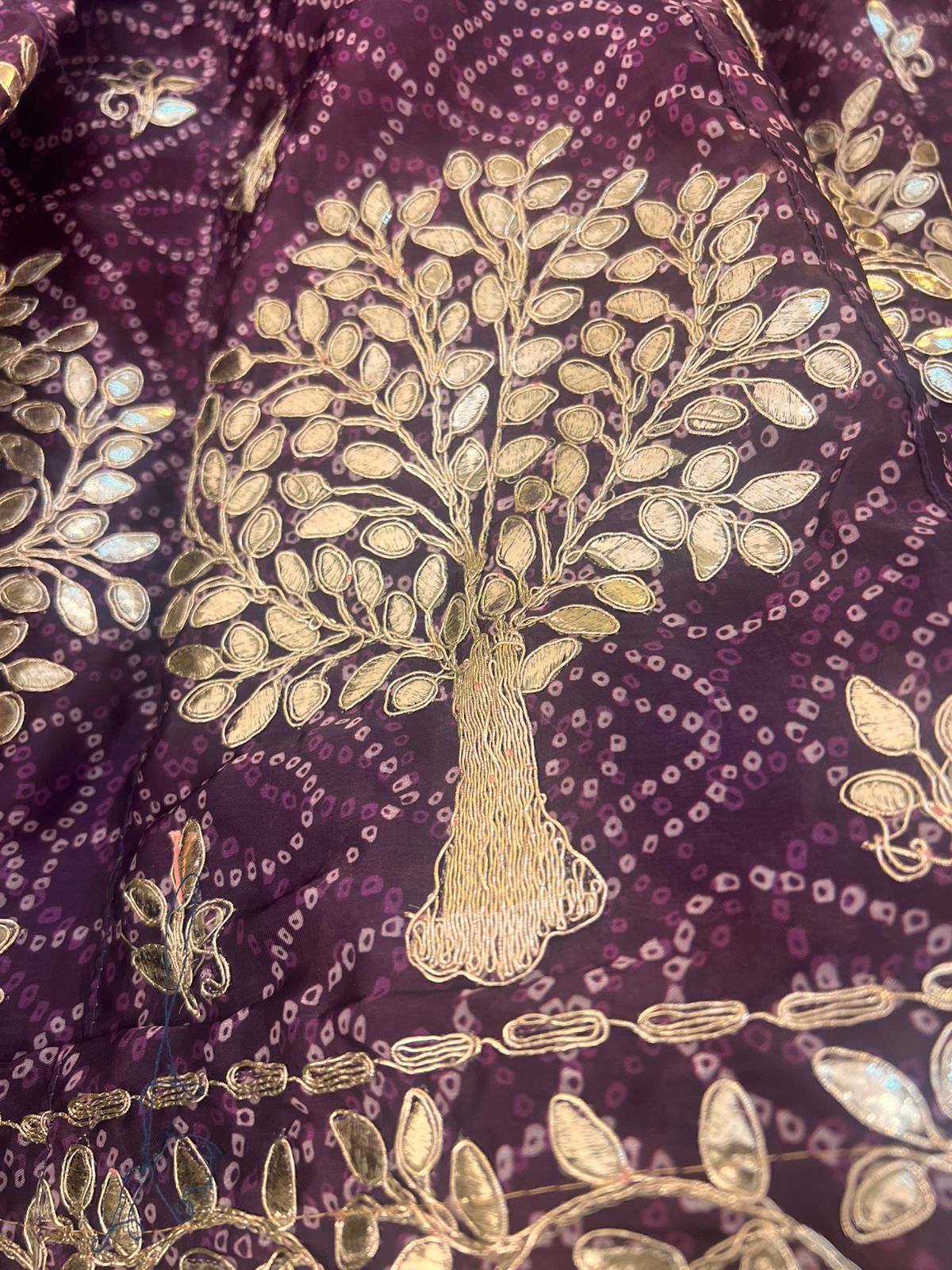 Bandhini with Gota Patti Work Full Ghera Purple Poshak (Unstitched)